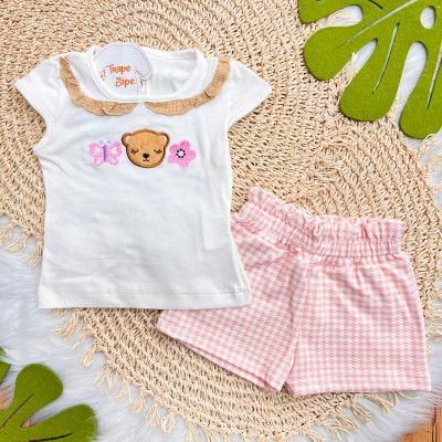 Conj. Blusa Ursinha, Borboleta com Flor e Short Quadriculado - Off White e Rose